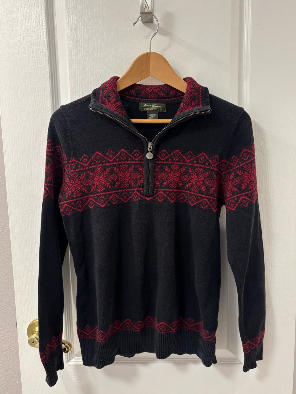 Vintage Y2K Eddie Bauer Nordic Fair Isle Rabbit Cotton 1/4 Zip Sweater Cabincore